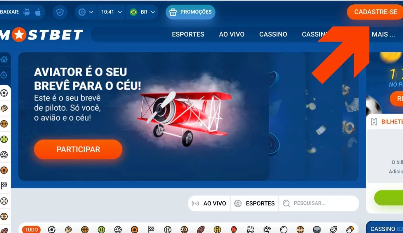 Mostbet Brasil Aviator clique no botão registrar